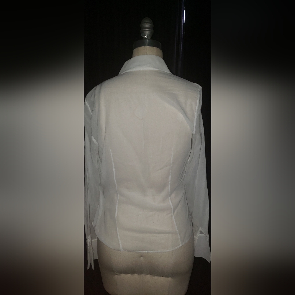 Elie Tahari white 100% cotton semi sheer fitted tailored ruffle blouse top M - Picture 7 of 9